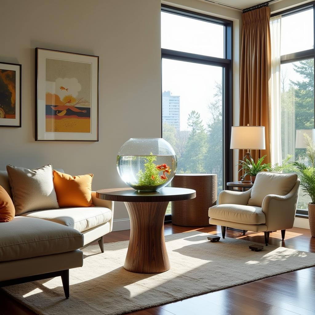 An Art Deco fishbowl stand seamlessly integrated into a modern living room.