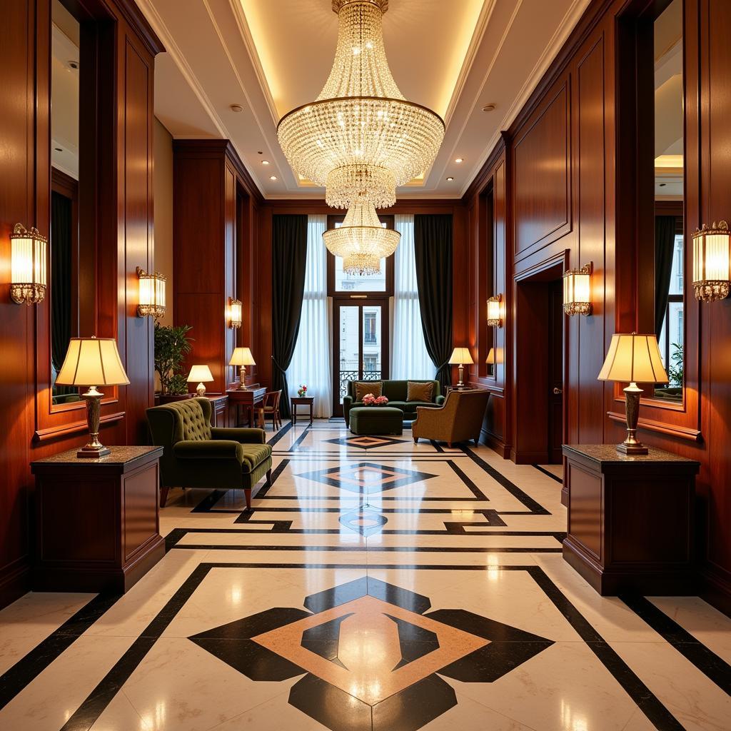 Grand lobby of an Art Deco hotel in Paris, featuring a geometric patterned floor and opulent chandeliers.