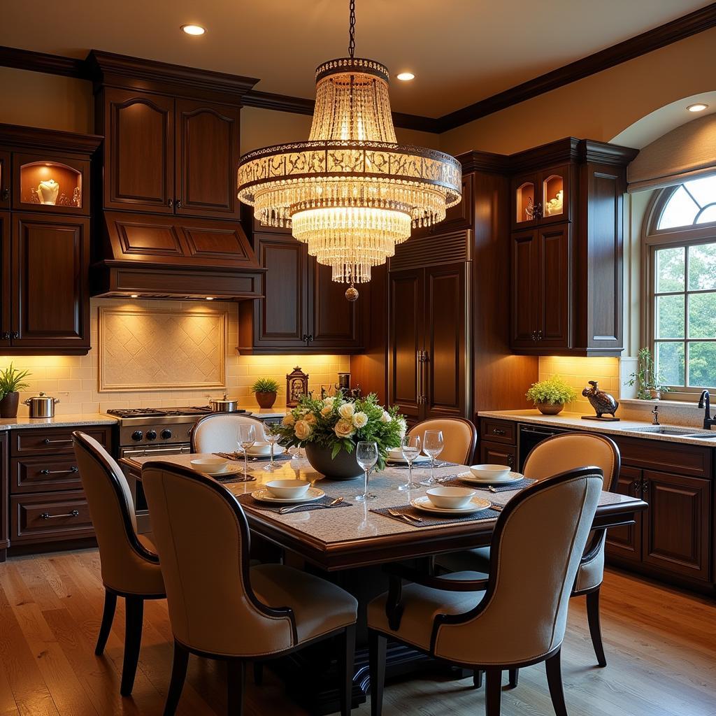 Art Deco Chandelier Illuminating a Dining Area in a Kitchen