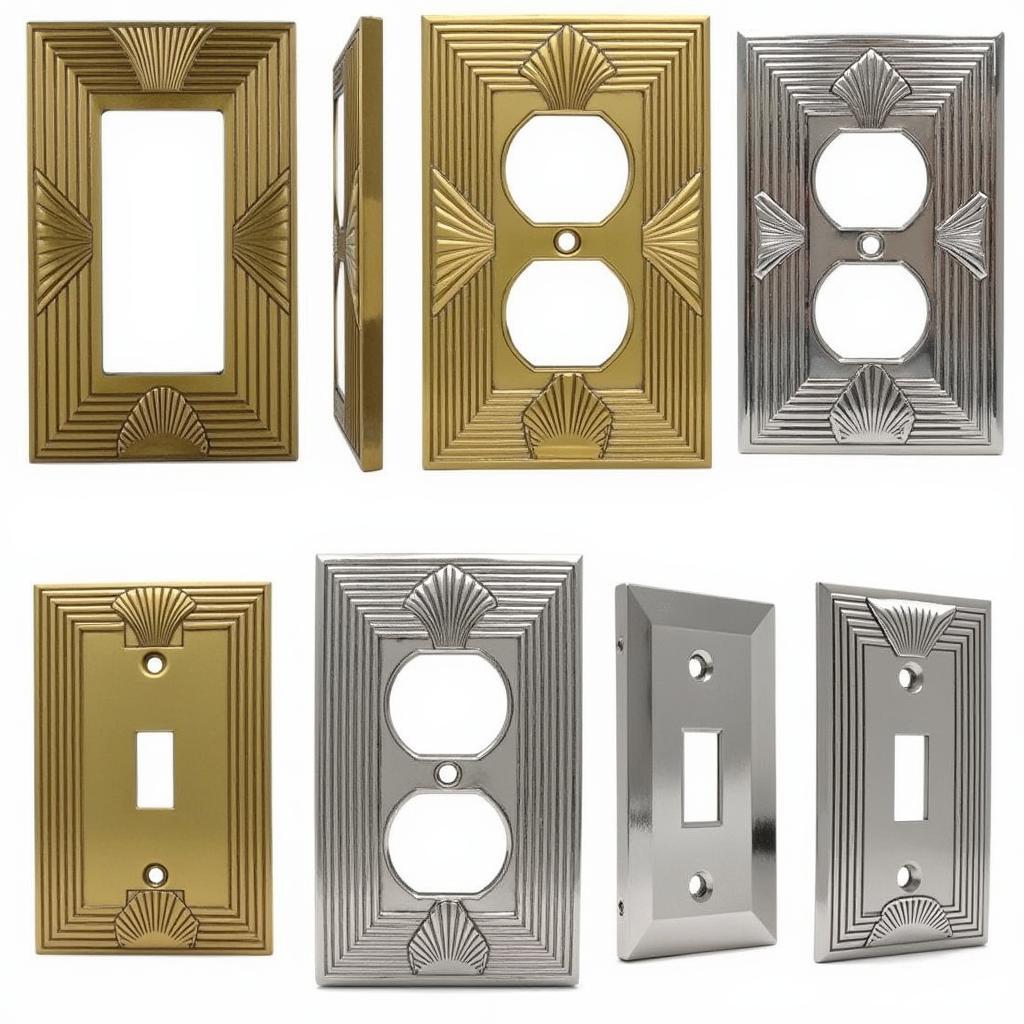 A variety of art deco outlet covers showcasing different materials, finishes, and geometric patterns.