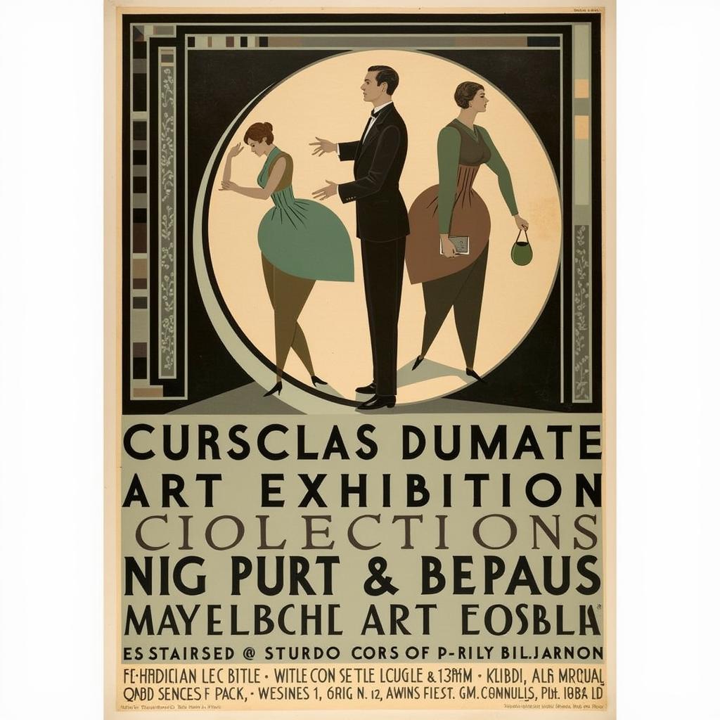 Art deco poster design for an art exhibition featuring geometric patterns and stylized figures.