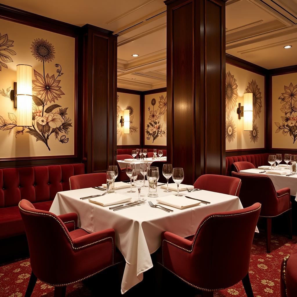 Elegant dining room in a Parisian Art Deco restaurant, showcasing stylized floral motifs and luxurious furnishings.