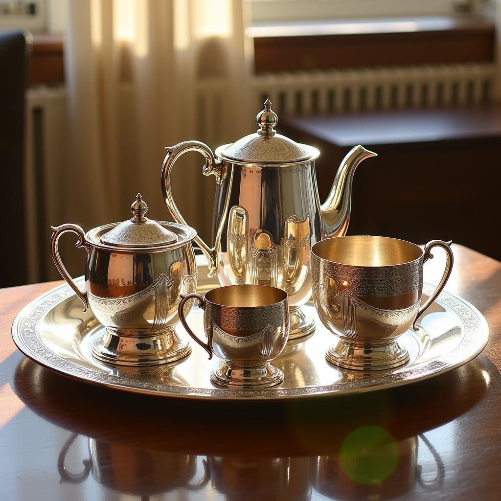 A gleaming art deco silver tea set basking in the afternoon sun, showcasing its intricate geometric patterns and polished finish.