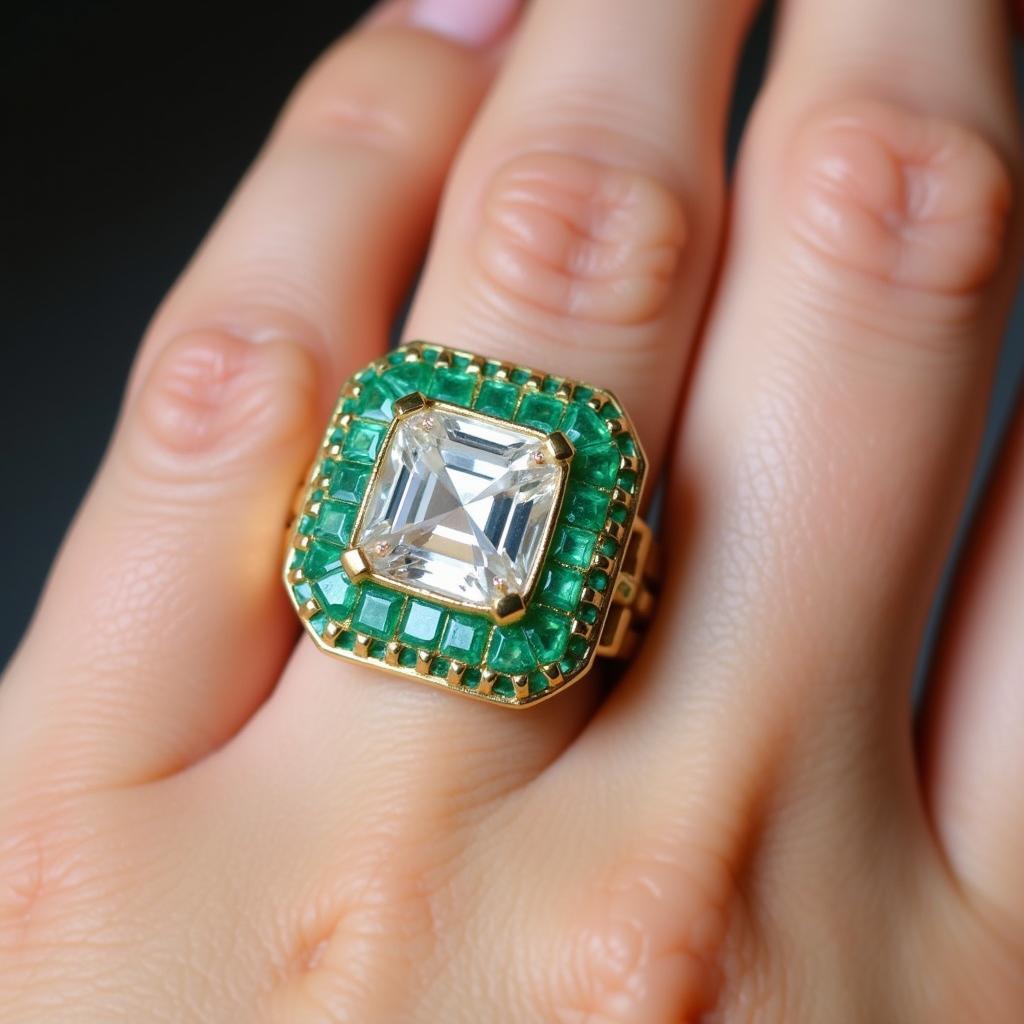 Art Deco Square Diamond Ring with Emerald Accents