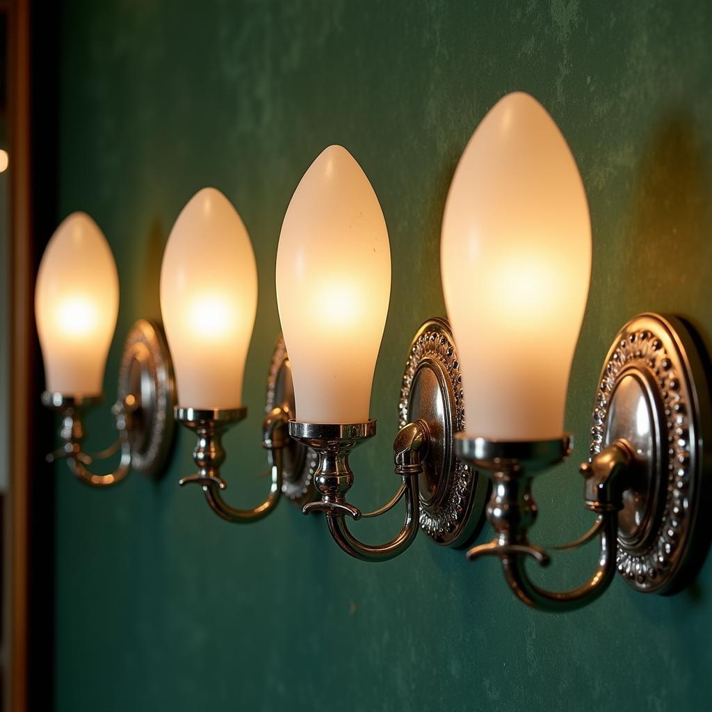 Art Deco wall sconces showcasing geometric shapes and intricate metalwork.