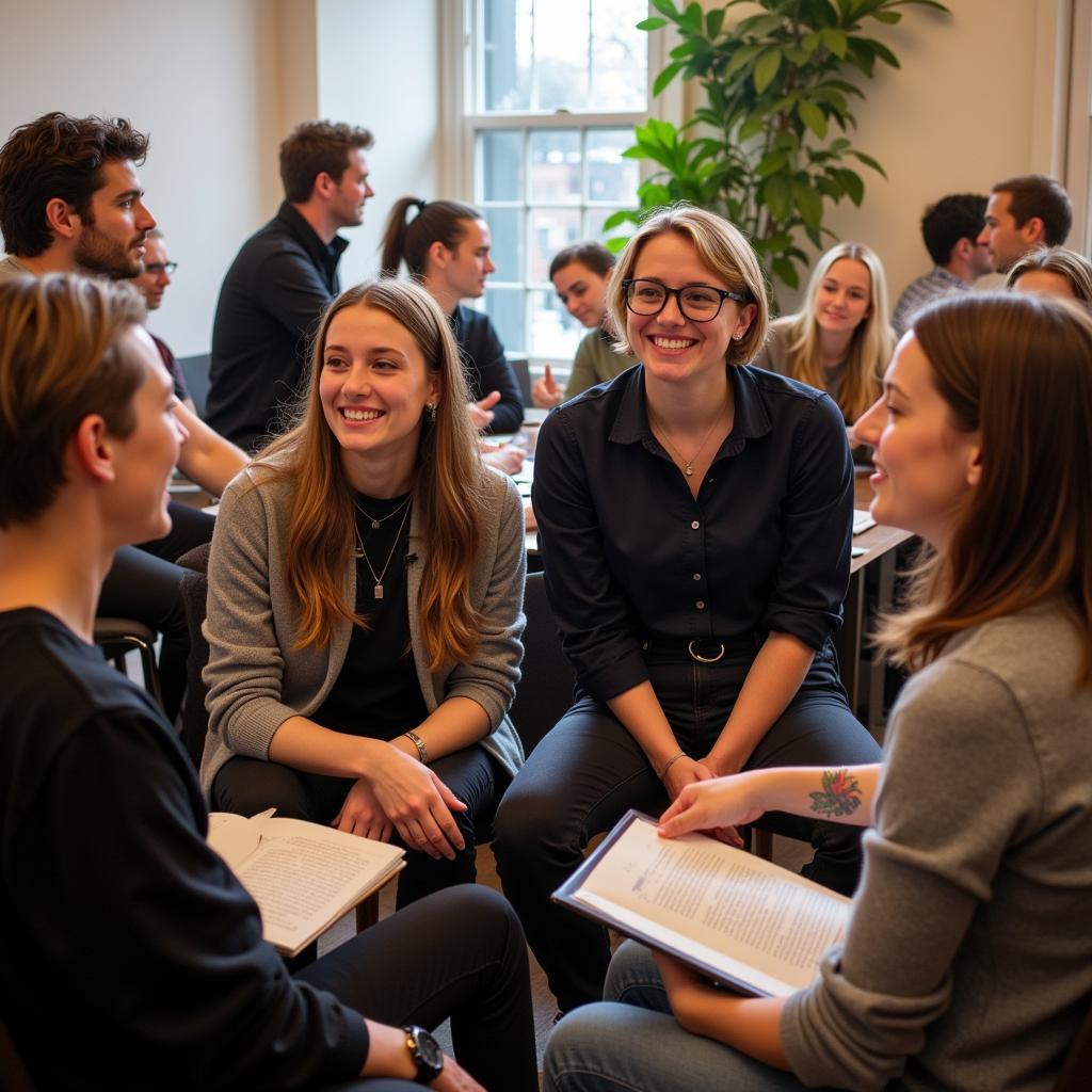 Artists engaging in a lively discussion during an art explora residency.