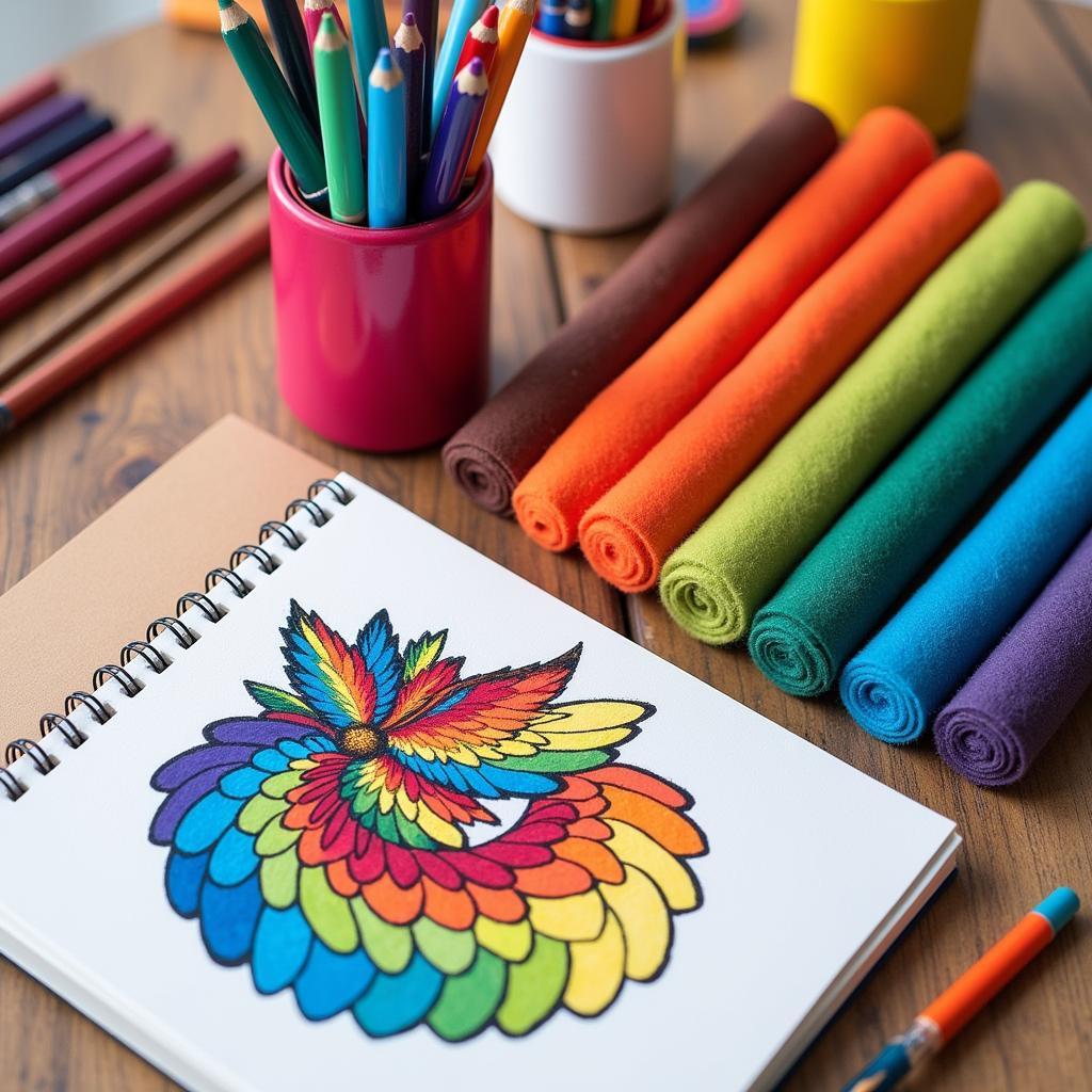 Art felt pens in various vibrant colors used for creating a detailed illustration