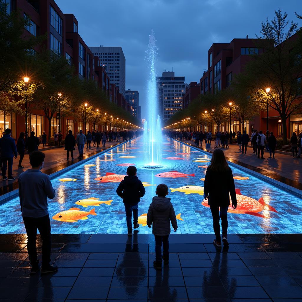 Interactive Art Fontaine Installation:  A photograph showcasing individuals interacting with a digital art display projected onto a fountain.