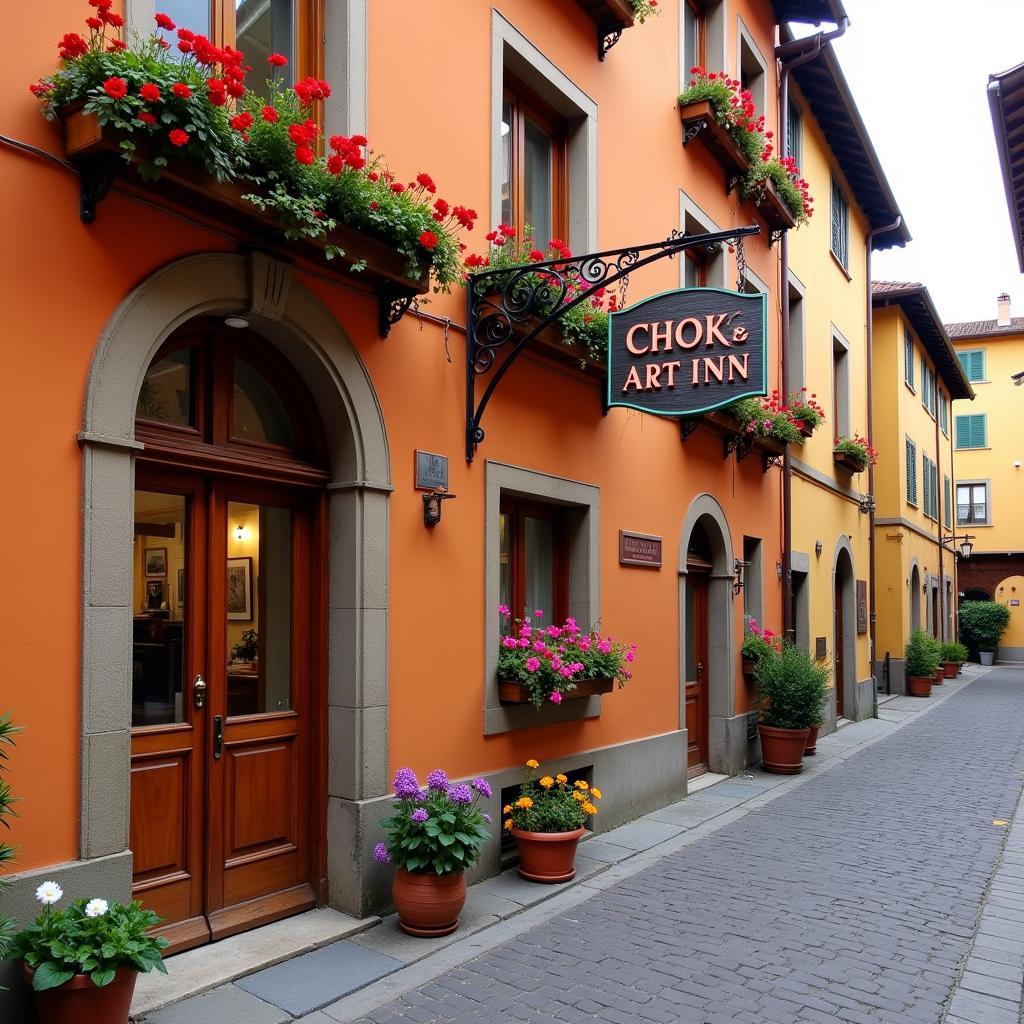 The exterior of a charming art inn in Florence, Italy, showcasing its historical architecture and inviting ambiance.