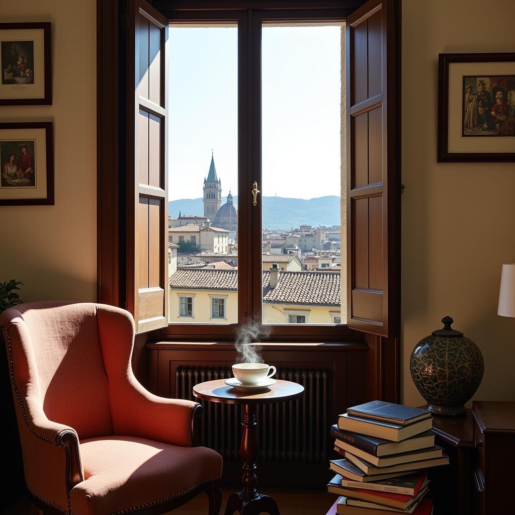 Inside an art inn in Florence, Italy, featuring a cozy reading nook with art books and a view of the city.