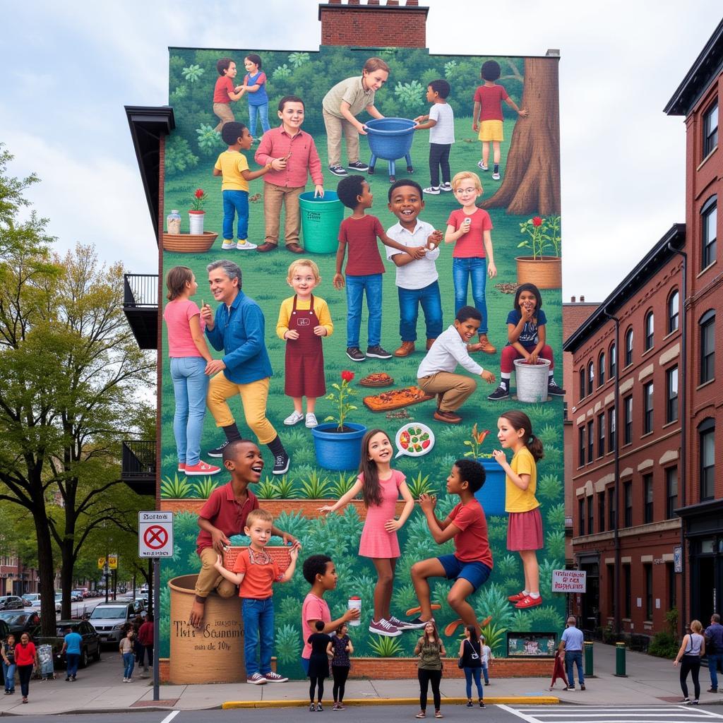 A vibrant mural depicting acts of kindness and community support.