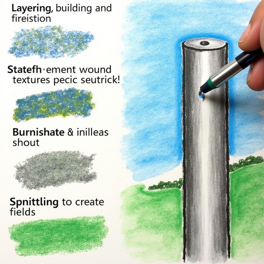 Demonstrating different techniques using Art n Fly colored pencils, including layering, burnishing, and stippling.