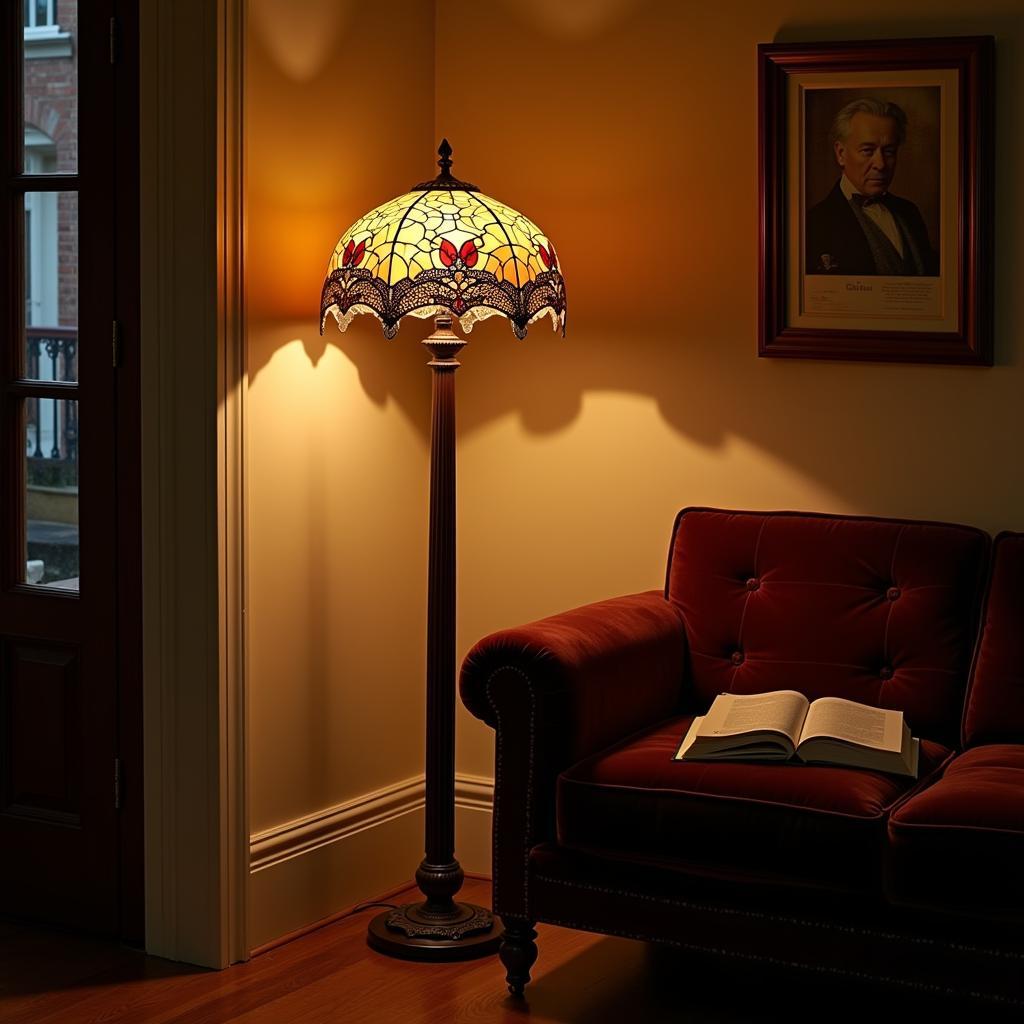 Art Nouveau floor lamp positioned beside a sofa