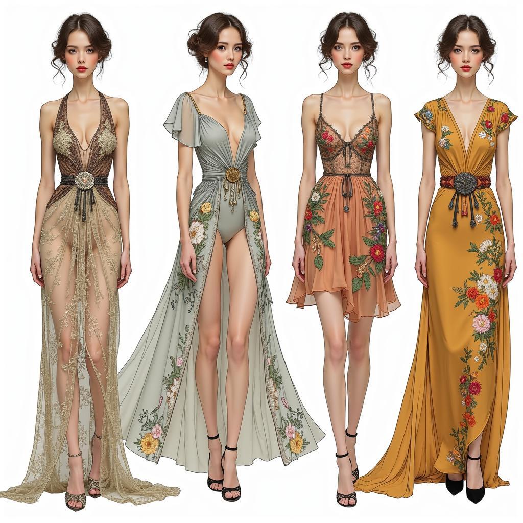 Modern fashion designs inspired by Art Nouveau aesthetics