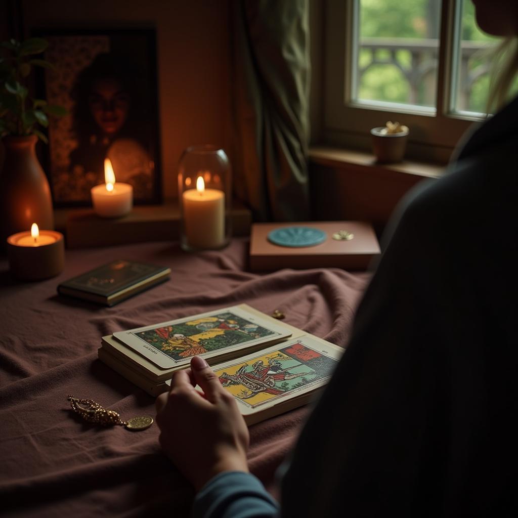 A person holding an Art Nouveau Tarot card, contemplating its meaning during a reading.