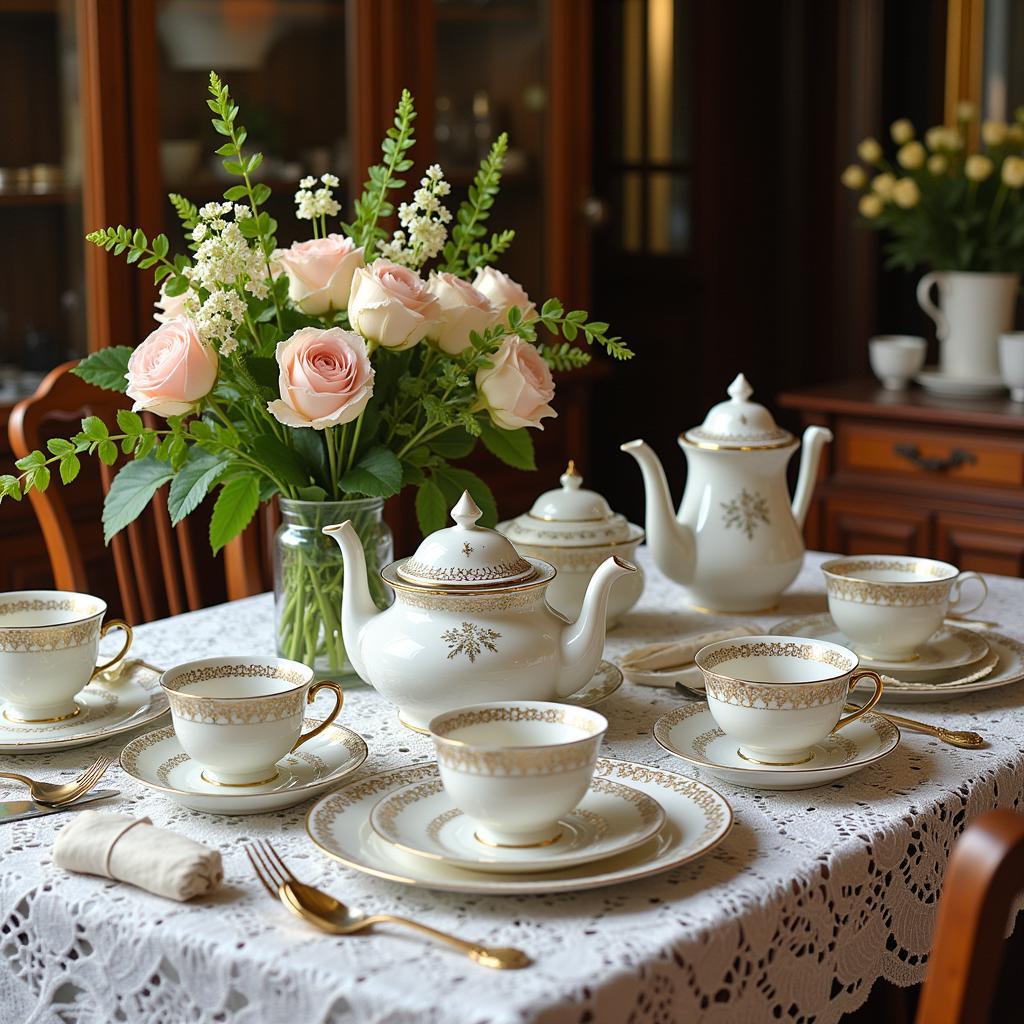 Art Nouveau Tea Party Setting with Floral Arrangements