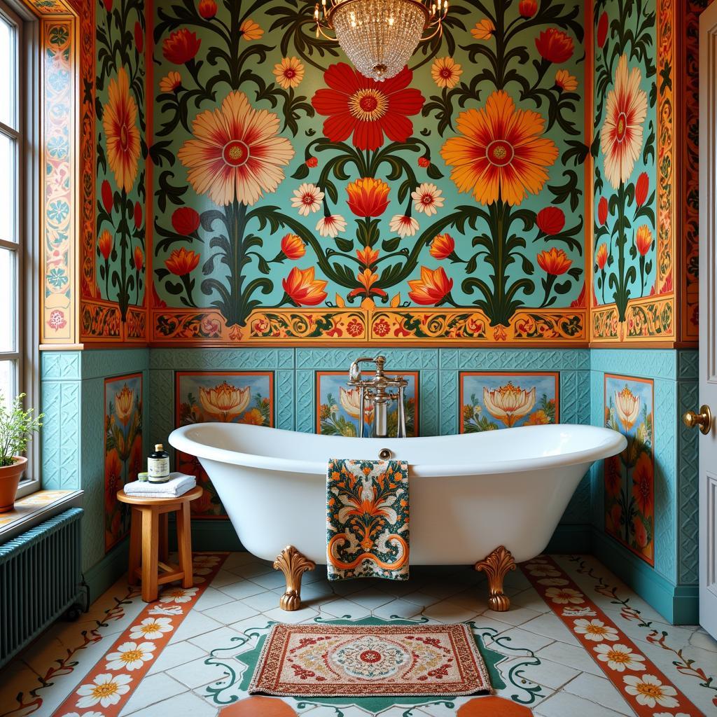 Art Nouveau tile bathroom design with intricate floral patterns and vibrant colors.