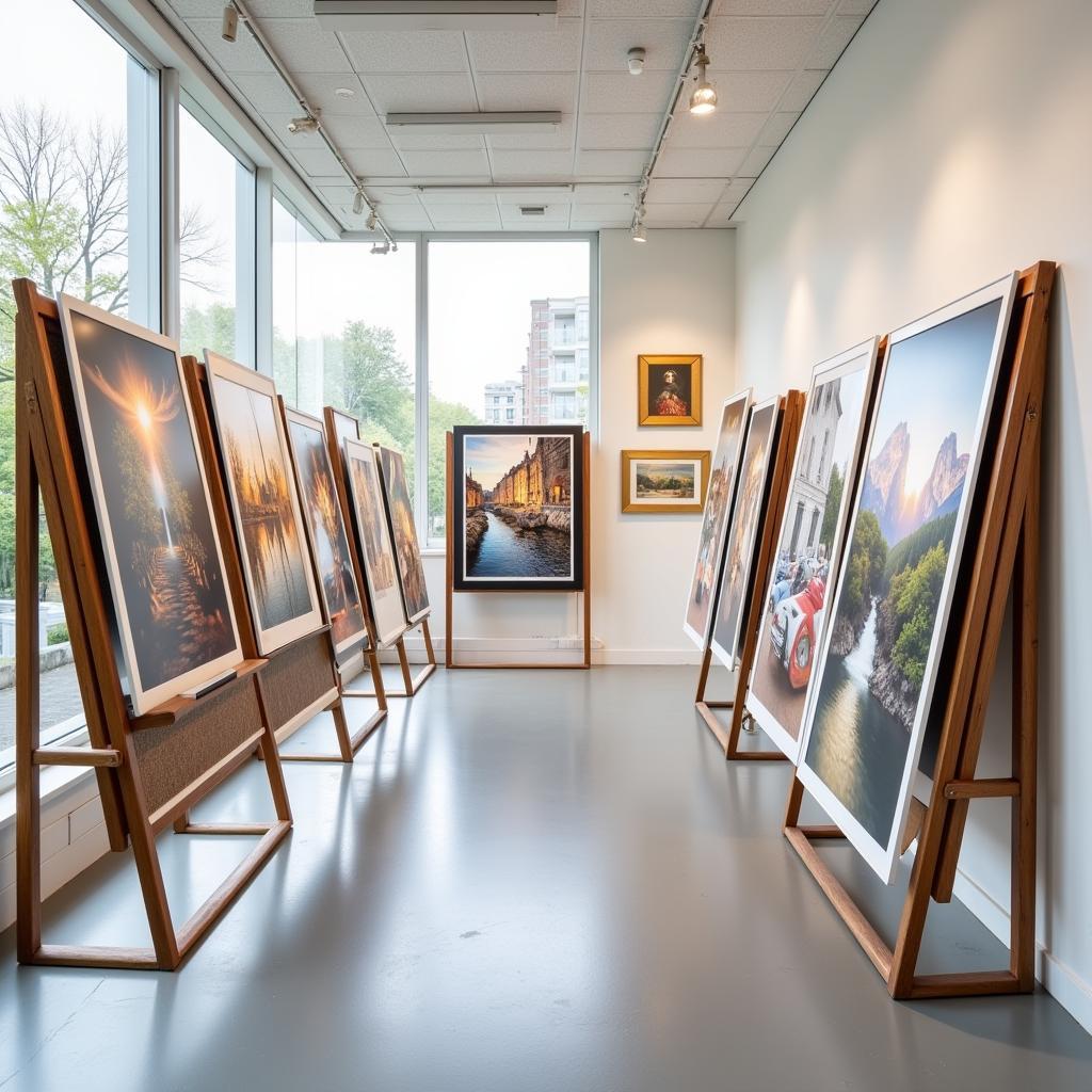 Art print racks displaying various prints in a gallery setting