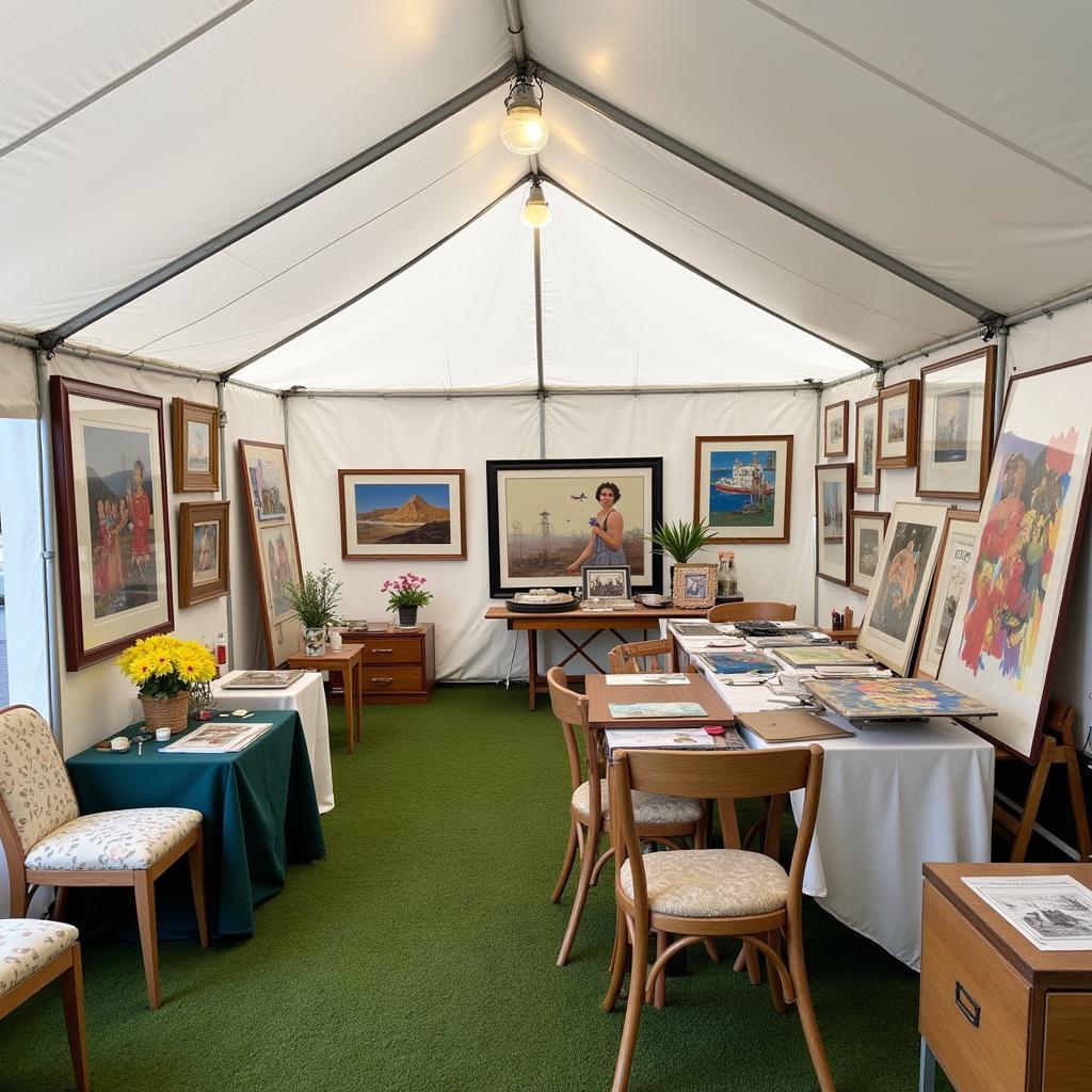 Artwork displayed inside a well-lit art show tent.