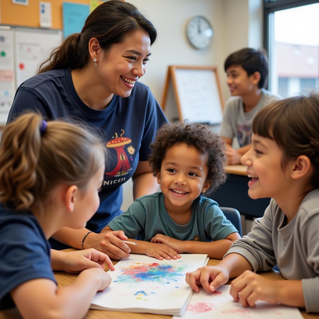 Art Teacher Wearing a T-shirt Interacting with Students