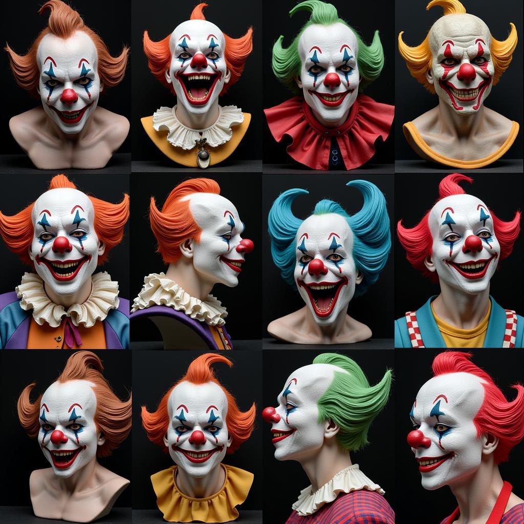 Different styles of Art the Clown busts, ranging from hyperrealistic to stylized interpretations.