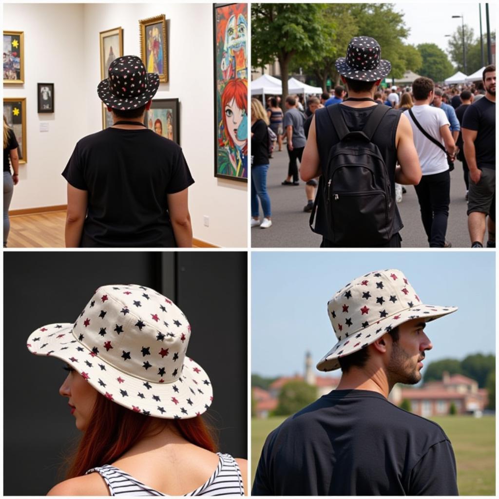 People wearing art trucker hats in various settings