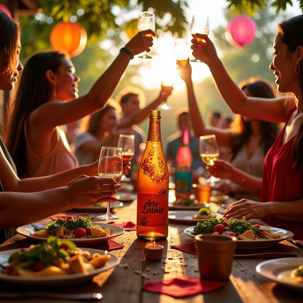 People enjoying Arte Latino Cava Brut at a vibrant gathering, surrounded by Latin American music, food, and decorations.