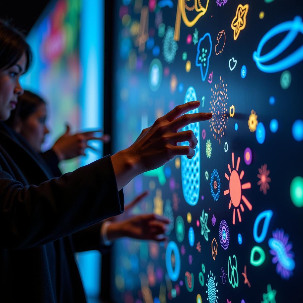 Visitors interacting with a digital art installation using touchscreens and motion sensors