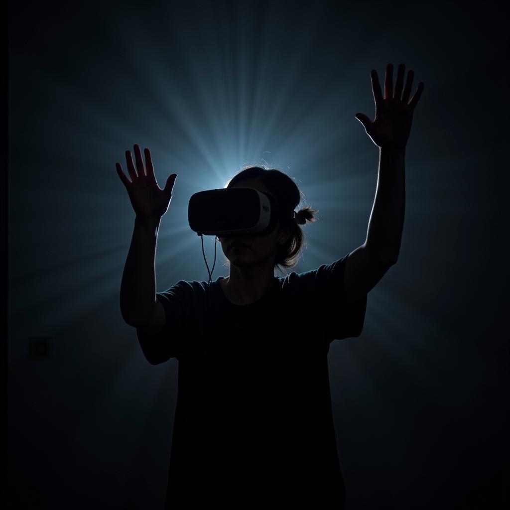 A person wearing a VR headset immersed in a virtual art gallery