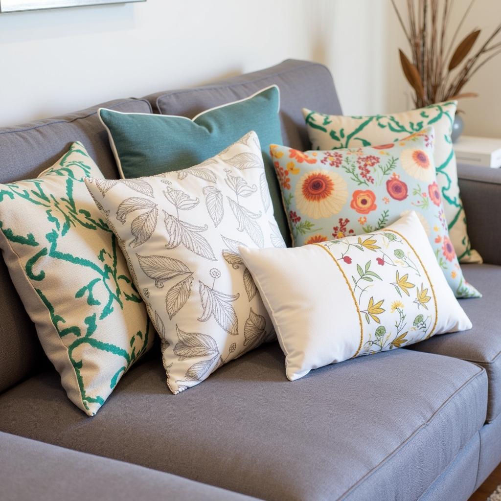 Artful pillows arranged on a sofa