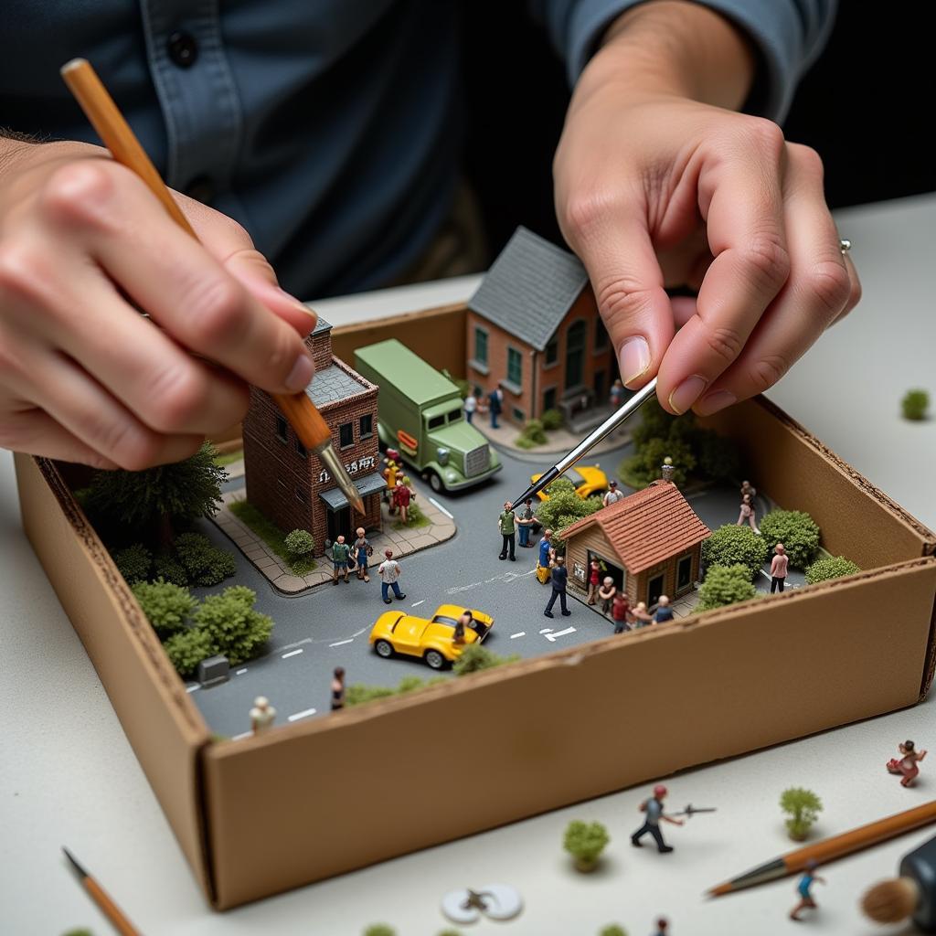 Artist Creating a Diorama Inside a Shoebox