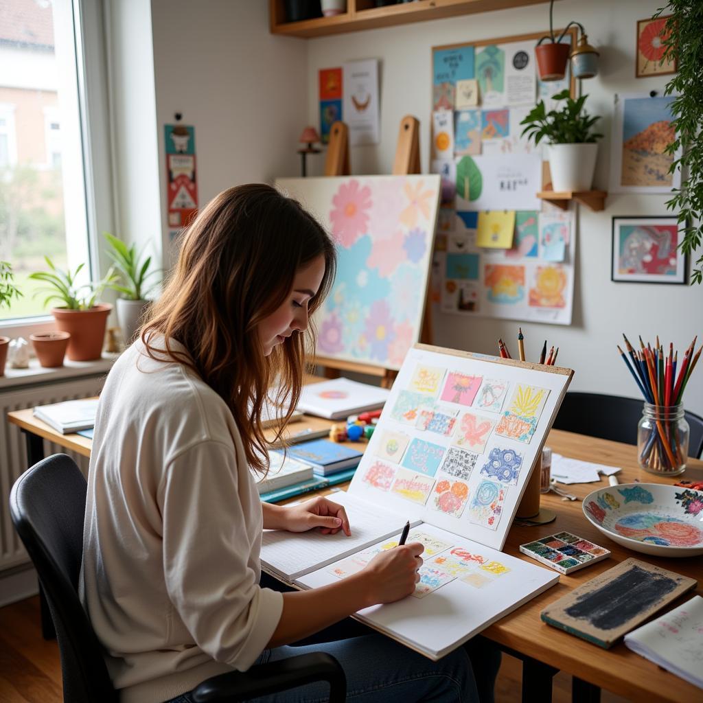 Artist Using Art Workbook in a Dedicated Workspace