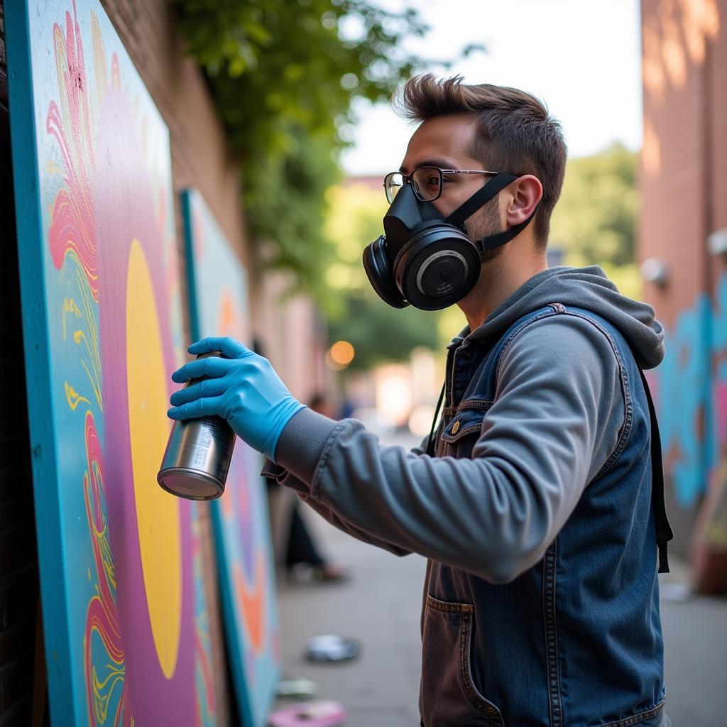 An artist working on a spray paint artwork outdoors