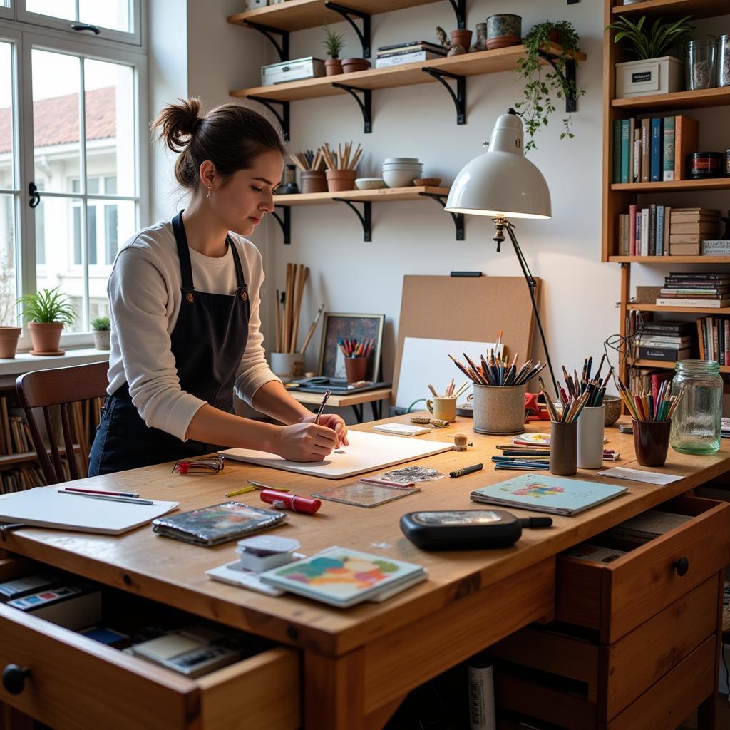 Artist Working at Organized Studio Table