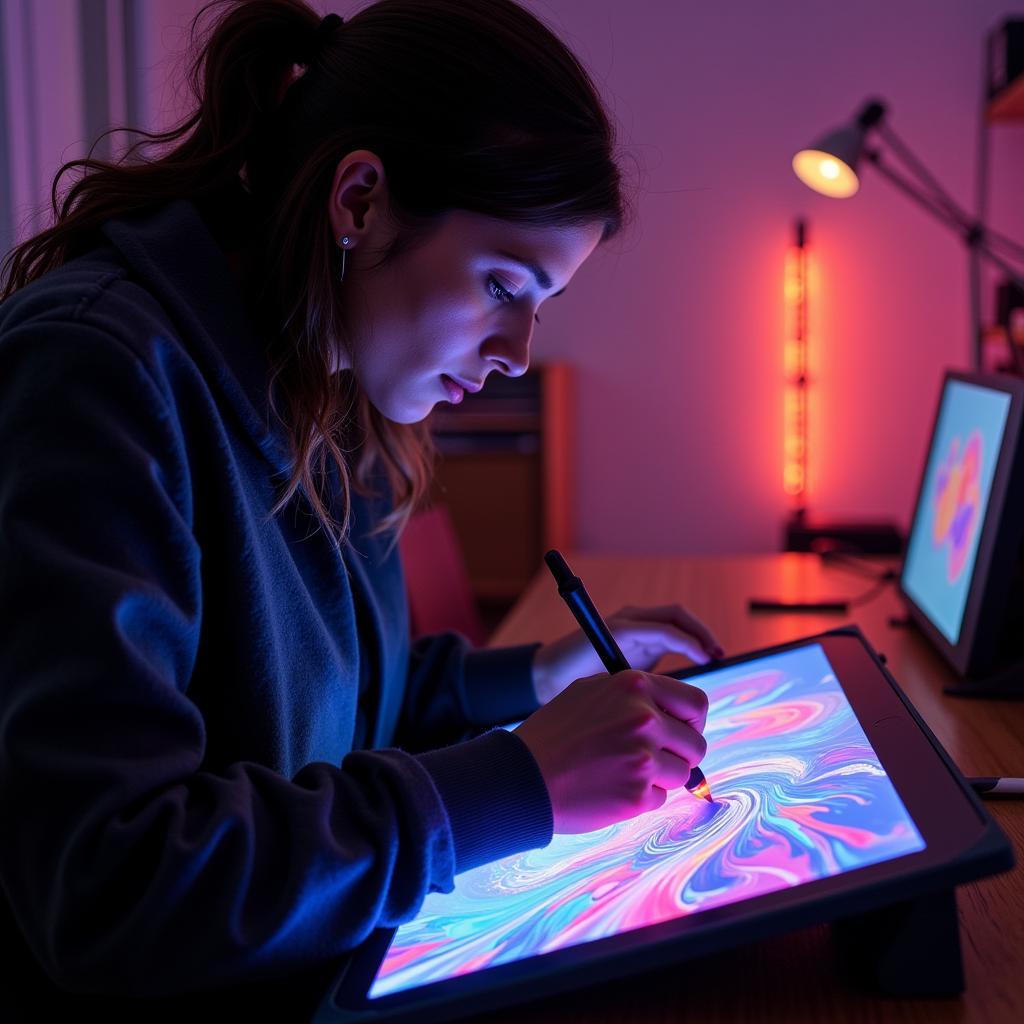 An artist working on a digital canvas using a stylus and tablet, surrounded by glowing lines and vibrant colors, highlighting the immersive experience of Arte-M