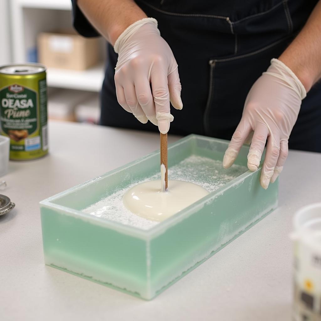 An artist meticulously pouring epoxy resin into a mold, demonstrating proper technique.