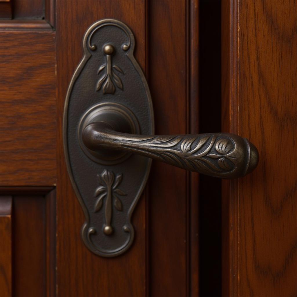 Close-up of arts and crafts style door hardware on a wooden door, showcasing the intricate detailing and hammered texture of the metal.