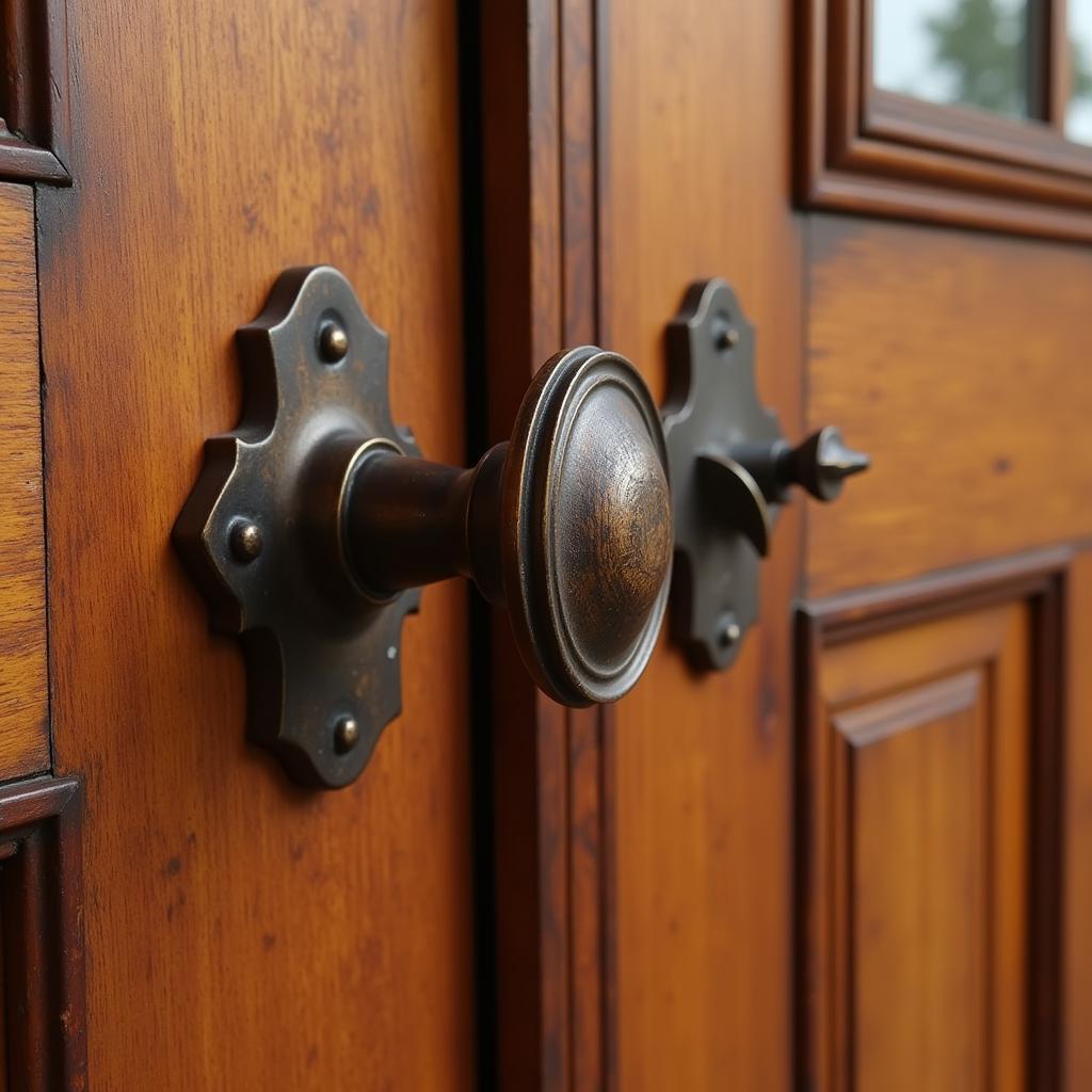 An arts and crafts style door knob installed on a wooden door, showcasing the cohesive aesthetic.