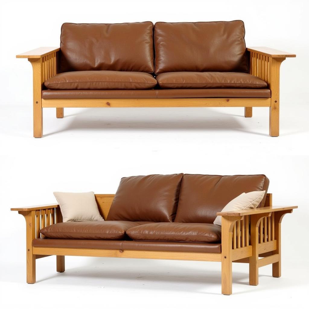 Arts and Crafts Style Sofa with Leather and Wood Detail