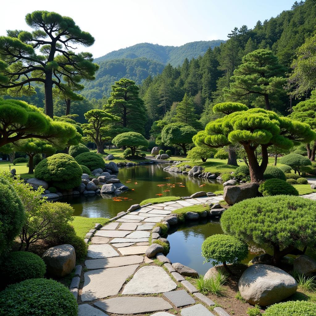 A serene Japanese garden with carefully sculpted shrubs and a peaceful pond.