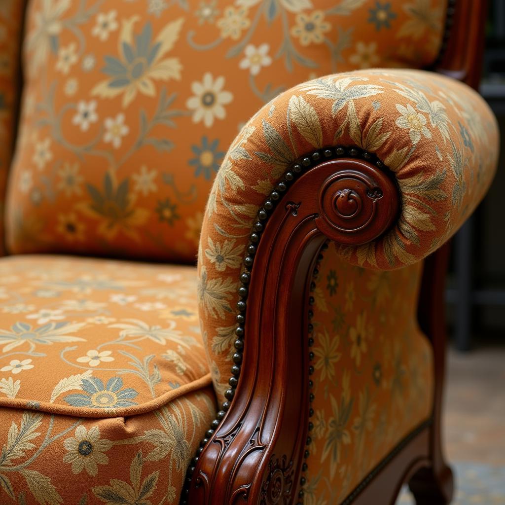 Authentic Art Nouveau Sofa Details - Wood Carvings and Upholstery