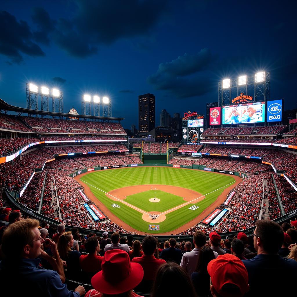 Baltimore Orioles digital art featuring a panoramic view of Camden Yards at night.