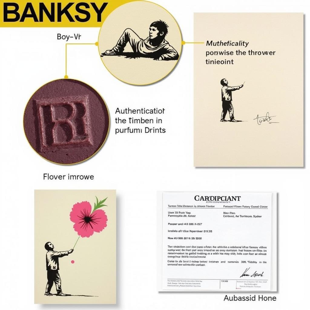 Close-up of a Banksy Flower Thrower art print with authentication details highlighted.