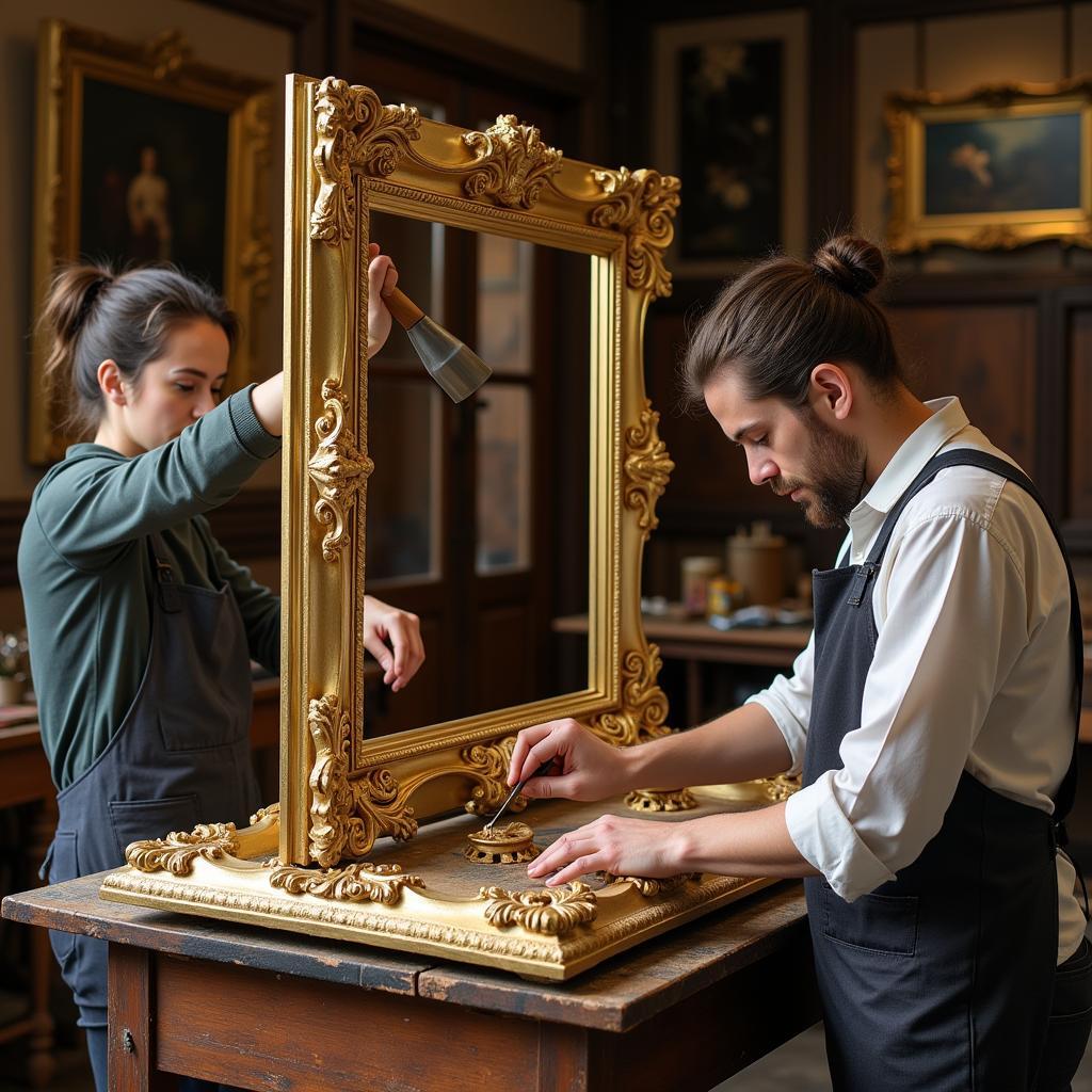 Artisans crafting a baroque art frame, using traditional gilding and carving techniques.