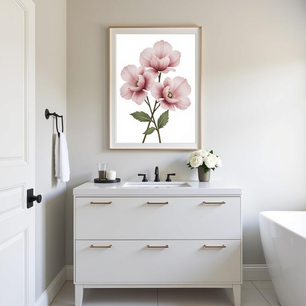 Bathroom wall art with a floral design.