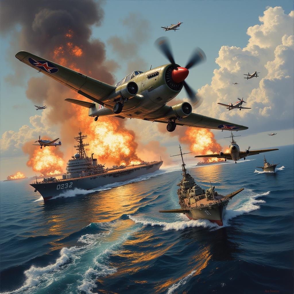 Painting depicting US Navy aircraft attacking Japanese fleet at Midway