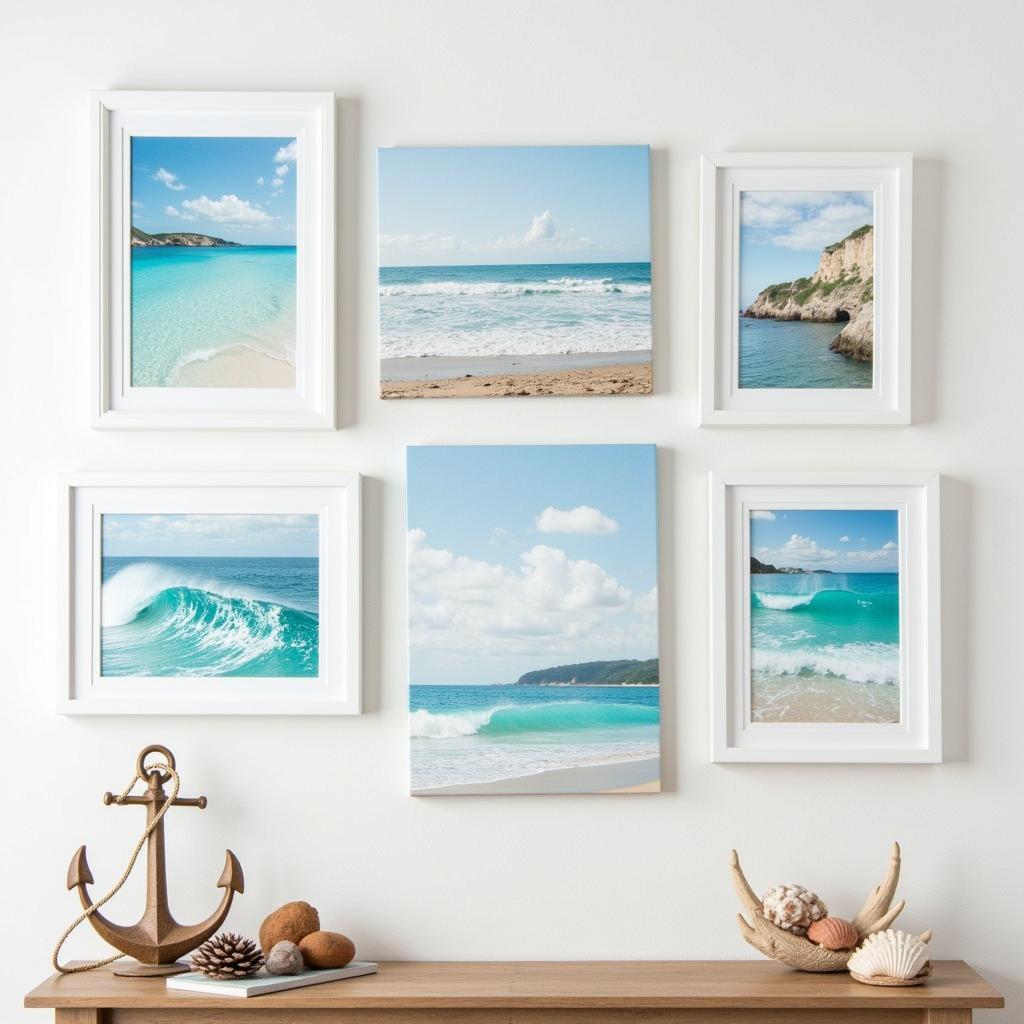 A gallery wall featuring various beach canvas art prints and coastal décor elements.