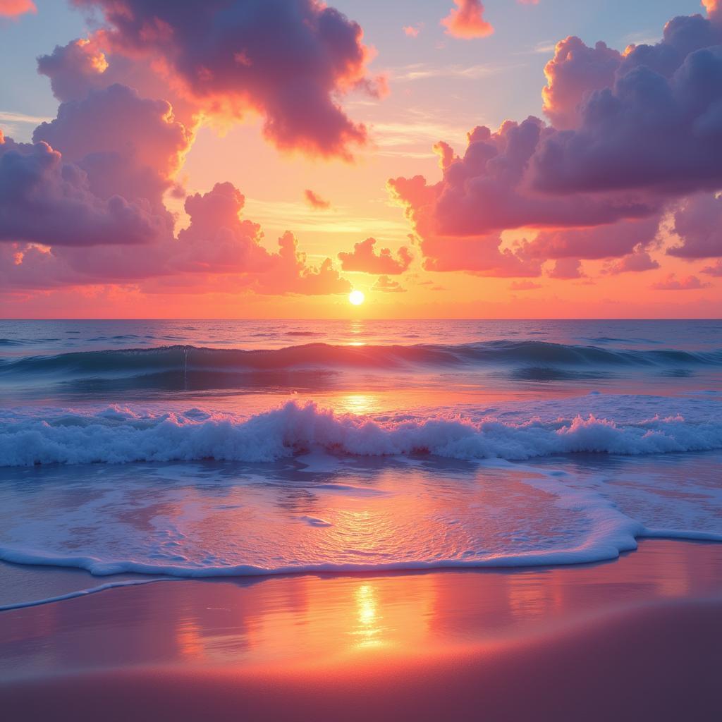 Digital art depicting a vibrant sunset over a calm ocean with gentle waves.