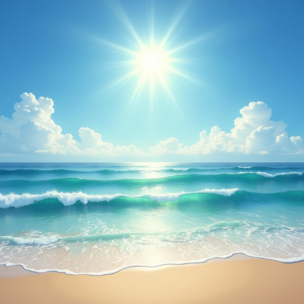 Digital beach scene art showcasing the interplay of light and shadow on the ocean surface