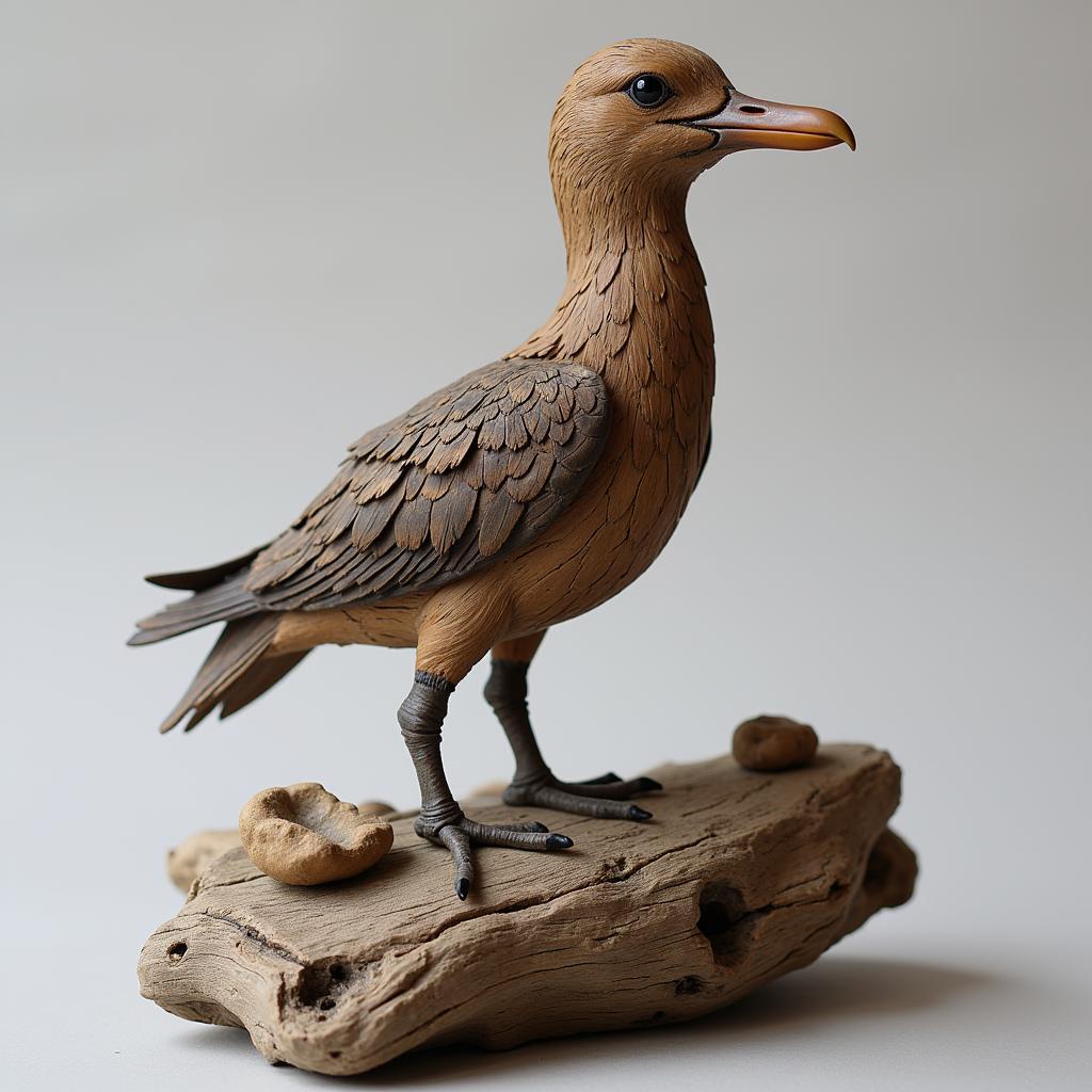 Intricate driftwood sculpture depicting a seabird perched on a rock, showcasing the artist's skill in transforming natural materials into a work of art.